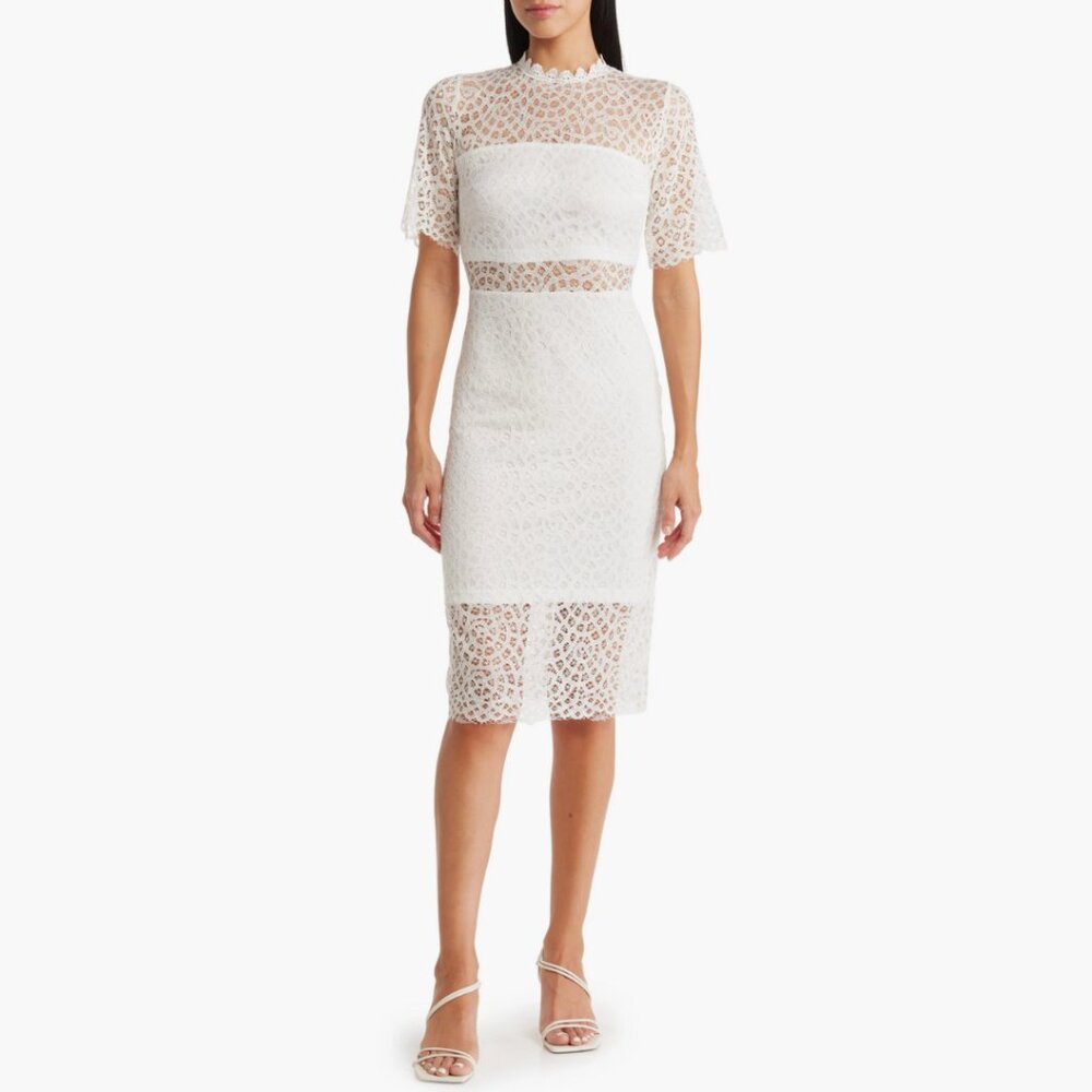 Lace Sheer Panel Knee Length Dress, White, Size Medium